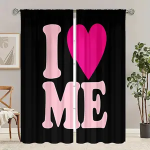 2 Piece Printed Curtains, Bottom Heart Letter Pattern, Rod Pocket Design, Semi-Transparent Privacy Curtains for Bedroom Living Room Kitchen Closet Study Home Decor, Home Decoration Curtain