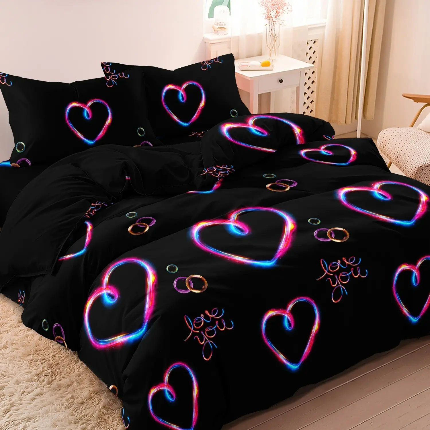 3Pcs Set Valentine'S Day Purple 3D Heart Design Decorative Duvet Cover Set,Featuring Abstract Patterns Suitable for All Seasons, Machine Washable, Digitally Printed, with a Fantasy Theme（Includes 1 Duvet Cover And 2 Pillowcases,Without Inserts)