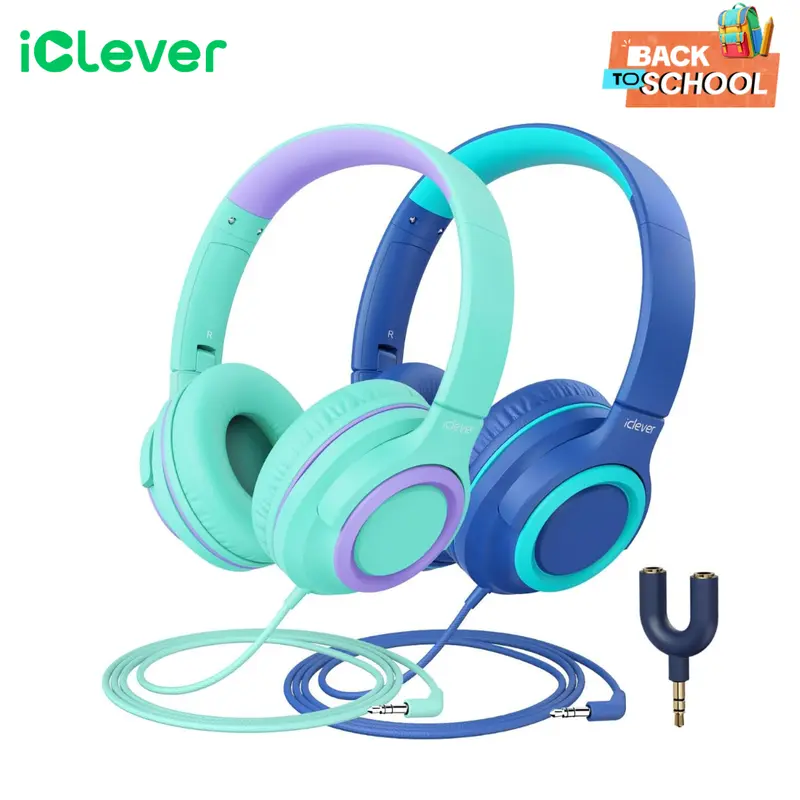 iCleverKids 2-Pack Wired Headphones with Sharing Splitter-HS22 for School Tablet Travel Audio Headset Earbud Electronic