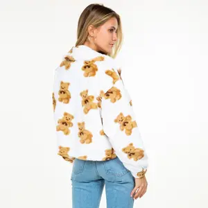 Faux Fur Bear and Flowers Print Zip Up Jacket With Drawstring Waist Long Sleeve women jacket Womenswear