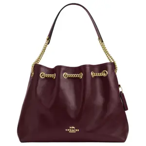 Coach Evelyn 34 Gold-Buckle Leather Tote Bag for Women in Burgundy