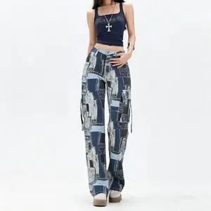 American retro workwear loose casual patchwork printed denim straight leg pants