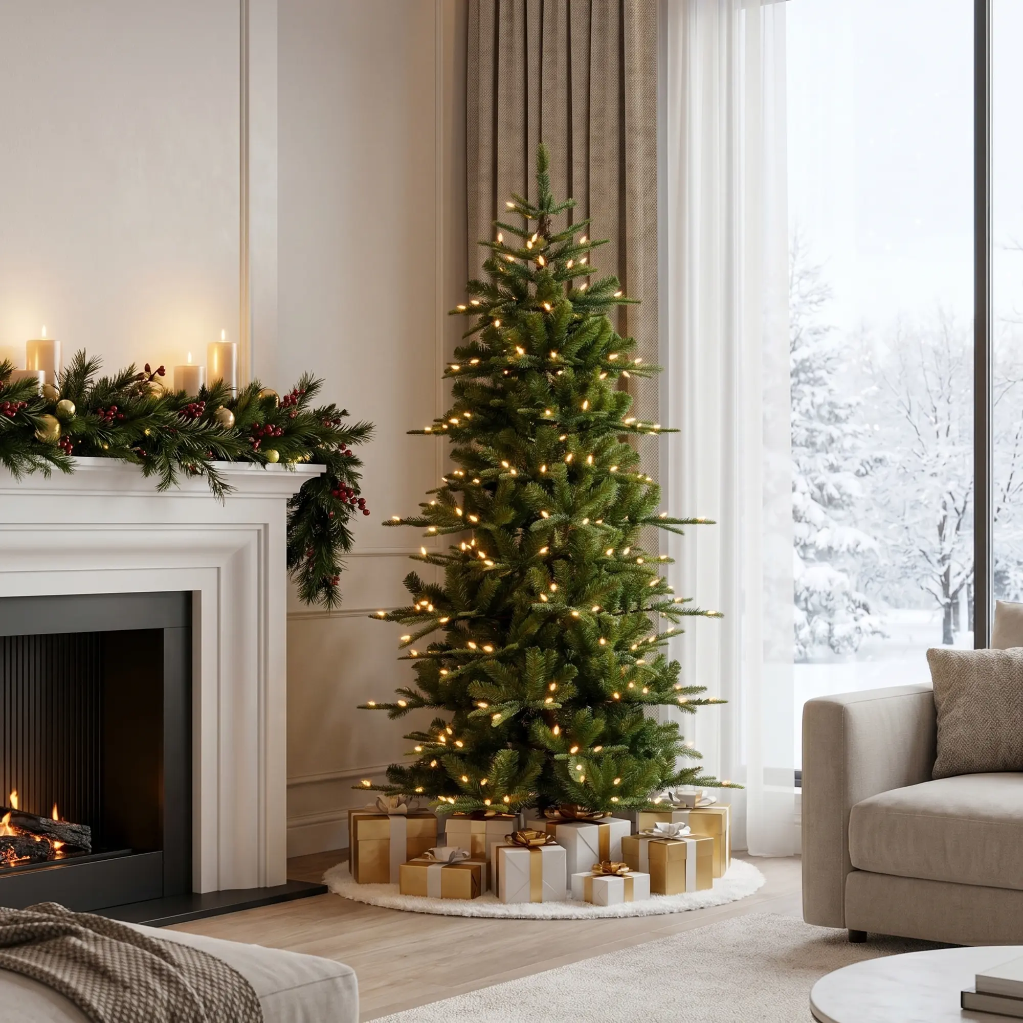 【Christmas in July】 Glitzhome 6.5ft/7.5ft/9ft Pre-Lit Green Slim Fir Artificial Christmas Tree with strawberry Lights,9 Functional Warm White/Multi-color, remote controller