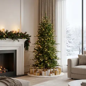 Glitzhome 6.5ft/7.5ft/9ft Pre-Lit Green Slim Fir Artificial Christmas Tree with strawberry Lights,9 Functional Warm White/Multi-color, remote controller
