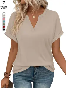 2026 Spring Summer Women's Notch V Neck Knit T-Shirt, Short Sleeve Rolled Cuff Casual Loose Fit Tee, Soft Breathable Solid Color Basic Blouse for Daily & Work Wear