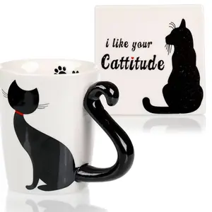 Infloatables Cat Mug with Tail Cat Handle - Little Black Cat Design - Ceramic Coaster - Cute Birthday Gift - 3D Novelty Coffee Mug - Drinkware, Cup coffee mug