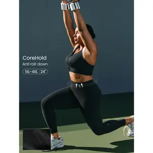 GLOWMODE Plus Size 24" FeatherFit-Sculpt Core Confidence CoreHold Buttery-Soft Compressive No Slip Fit Tummy Control No Front Seam Side Pockets Leggings Medium ImpactTraining Running Workout Gym Wear