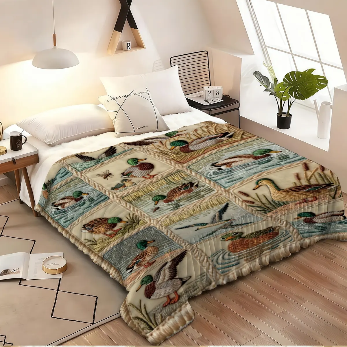 Connecting patchwork, playing mallard printed blanket, Lightweight Throw Blanket, Flannel Throw Blanket, Flannel Cozy Blanket, is suitable for multiple occasions such as sofa, bedroom, soft and skin-friendly, machine washable, suitable for home decoration