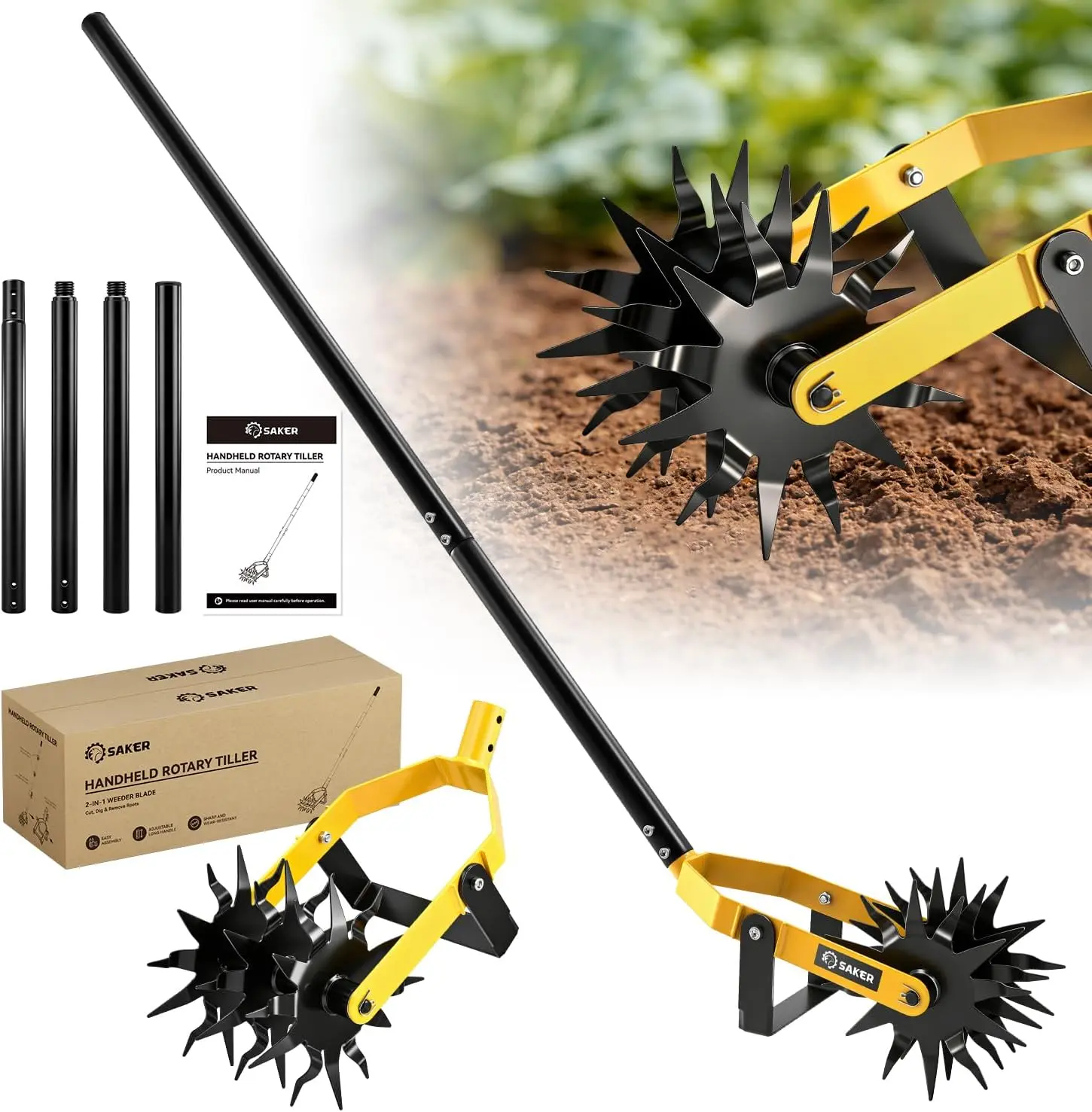Rotary Tiller Garden Tool 2-in-1 Weed Removal& Soil Loosening with Sharp Star-Shaped TinesAdjustable Handle Pivoting Blades DurableConstruction for Effortless Gardening