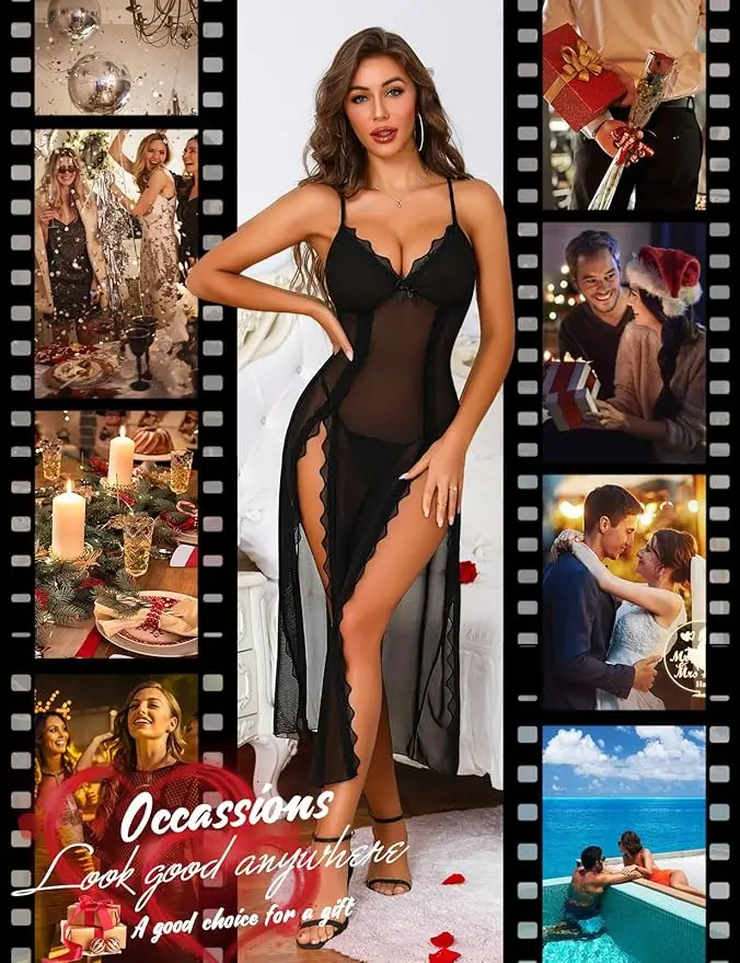 Women's Sleeveless Semi-Sheer Lace Babydoll Chemise - V-Neck, Spaghetti  Strap, Side Split Mesh Night Gown for Women, Contrast Lace Lady Clothes,  Comfortable Minimalist Loungewear, Elegant Style Sleepwear - TikTok Shop