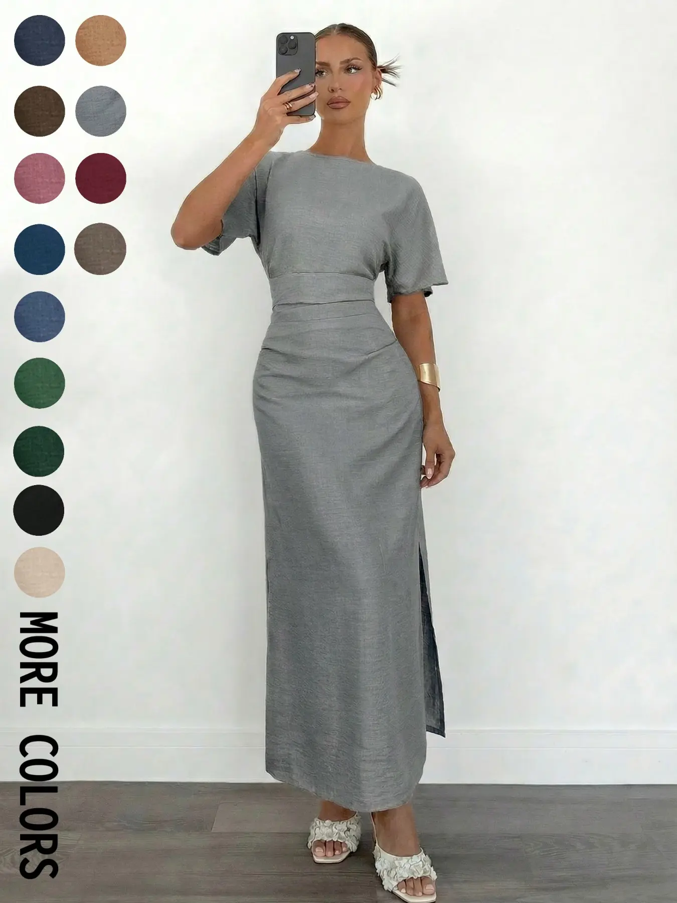Women's Summer Plain Casual Dress, Cream, Elegant Round Neck Batwing Sleeve, French Style, Long Slim-Fitting Dress, Casual Wear, Basic
