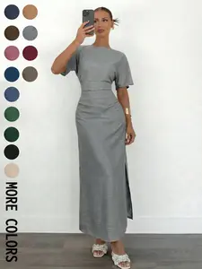Women's Summer Plain Casual Dress, Cream, Elegant Round Neck Batwing Sleeve, French Style, Long Slim-Fitting Dress