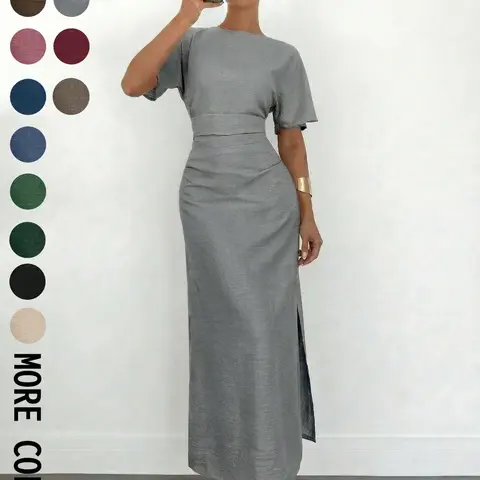 Women's Summer Plain Casual Dress, Cream, Elegant Round Neck Batwing Sleeve, French Style, Long Slim-Fitting Dress, Casual Wear, Basic, Casual Chic Dress