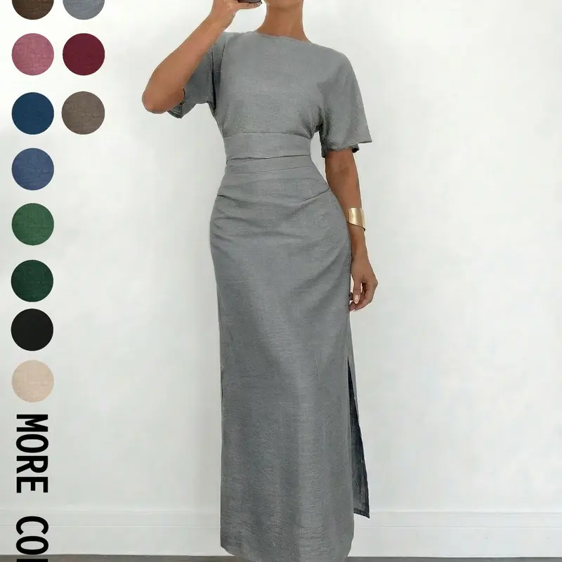 Women's Summer Plain Casual Dress, Cream, Elegant Round Neck Batwing Sleeve, French Style, Long Slim-Fitting Dress, Casual Wear, Basic, Casual Chic Dress