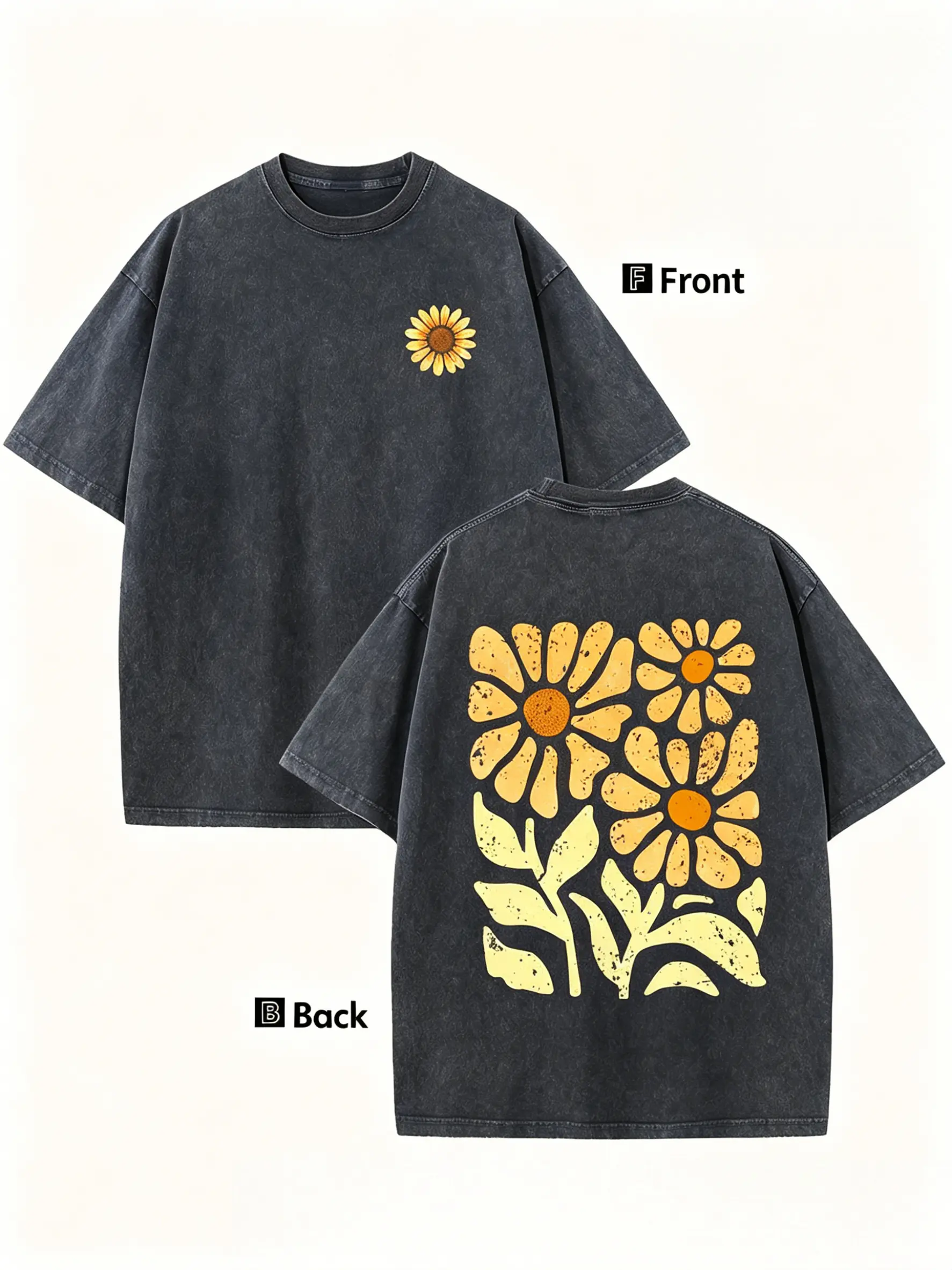 Trending Vintage Sunflower Acid Washed Oversized , front mini yellow sunflower print, back distressed boho floral design, soft cotton casual wear for summer outfits good graphic tees