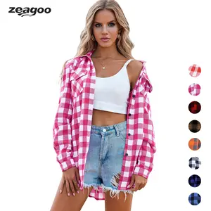 Zeagoo Christmas Womens Flannel Shirts Long/Roll Up Sleeve Collared Button Down Plaid Shirt Casual Work Tops S-4XL clothing subscription knitted shirt vintage tops