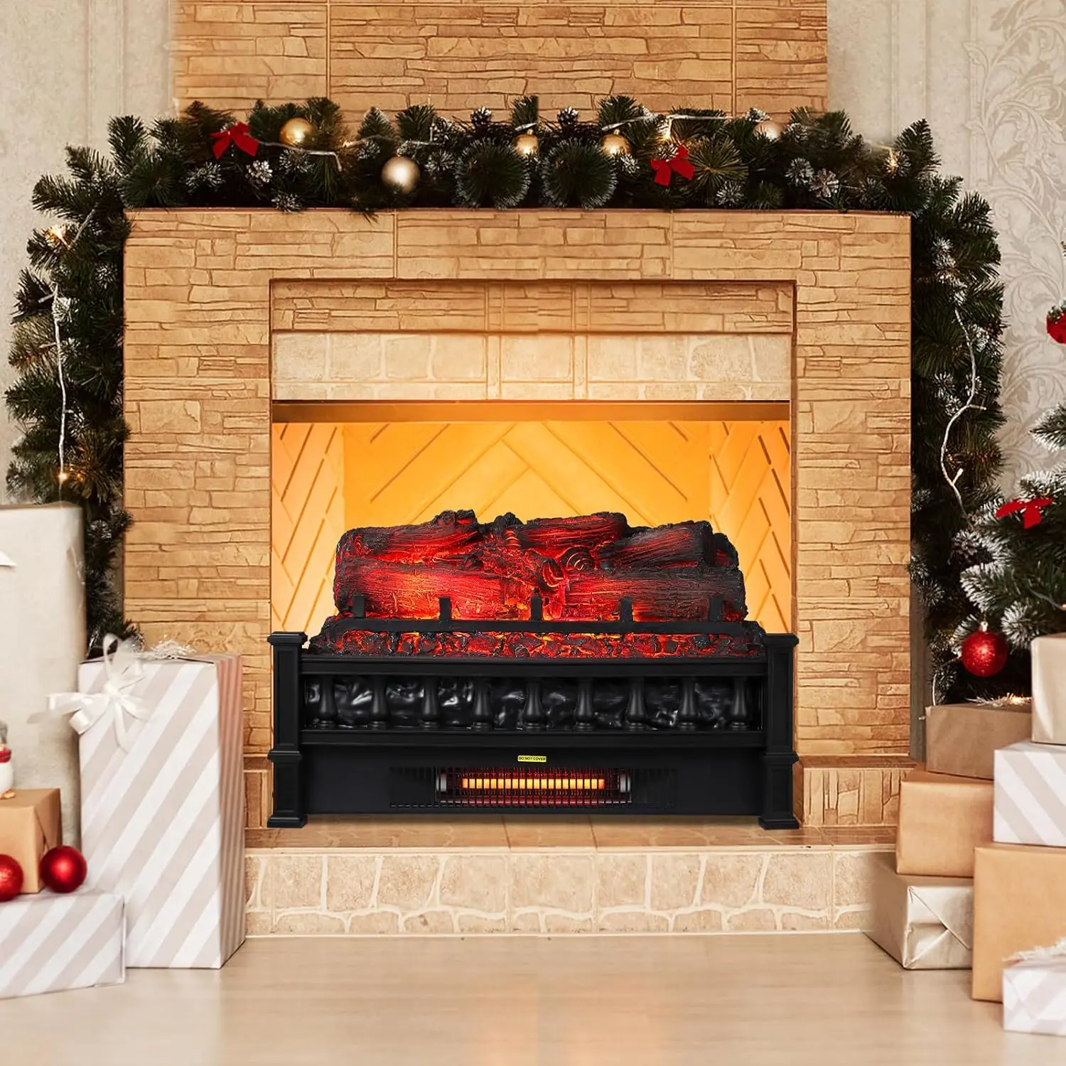 Electric Fireplace Logs Inserts Heater, 20-Inch Electric Fireplace Logs with 5 Adjustable Flame Colors, 1,000 Sq Ft Electric Log Set with Thermostat, Timer, Overheating Protect, 1500W, Black
