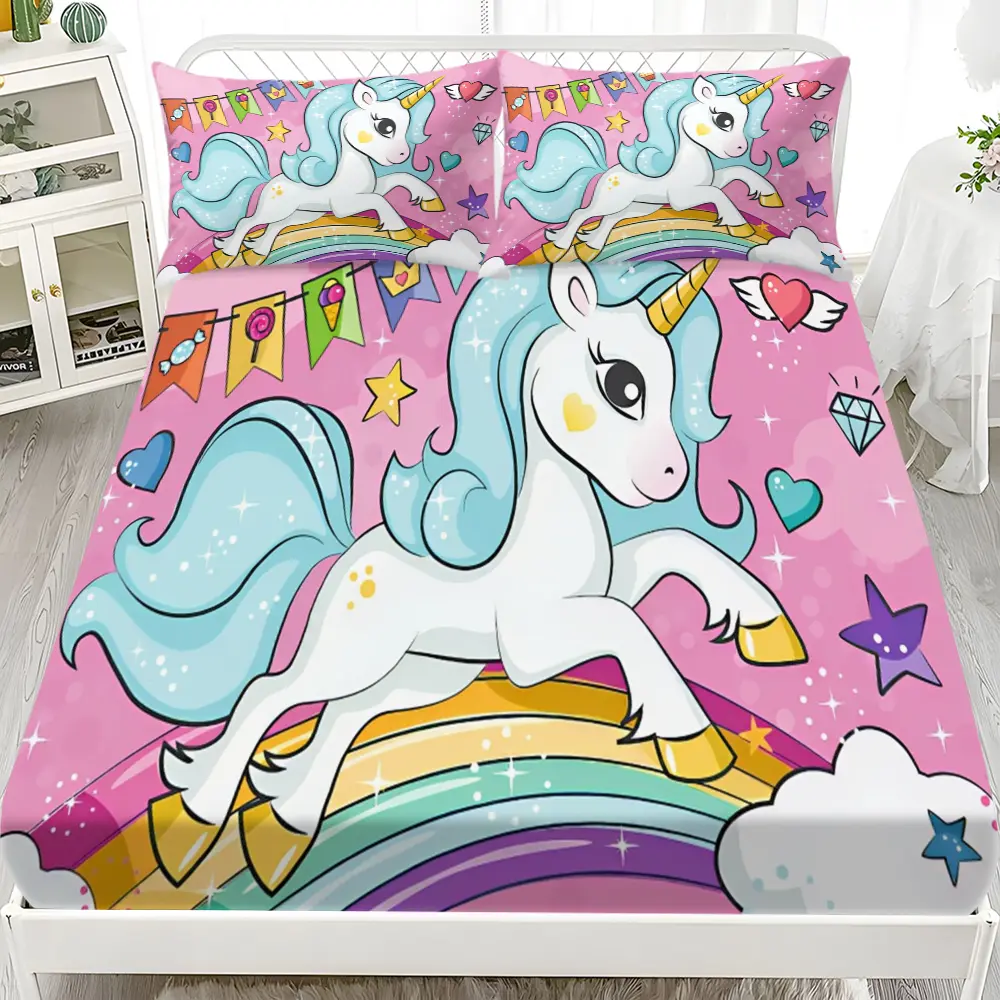 3PCS Rainbow Unicorn Printed Bedding Sets bed sets supplies Bed Linens is suitable for decorating children's rooms, with one bedsheet and two pillowcases (excluding core) available in various sizes, made of 100% polyester fabric, and machine washable.