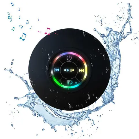 Portable Black Bluetooth Speaker - Wireless Speaker, Waterproof, 20kHz Audio, Suction Cup, LED Light, USB-C Rechargeable Battery Powered, Hands-Free, Smartphone/Tablets Compatible, Home Bathroom Gadget, Mom Gifts