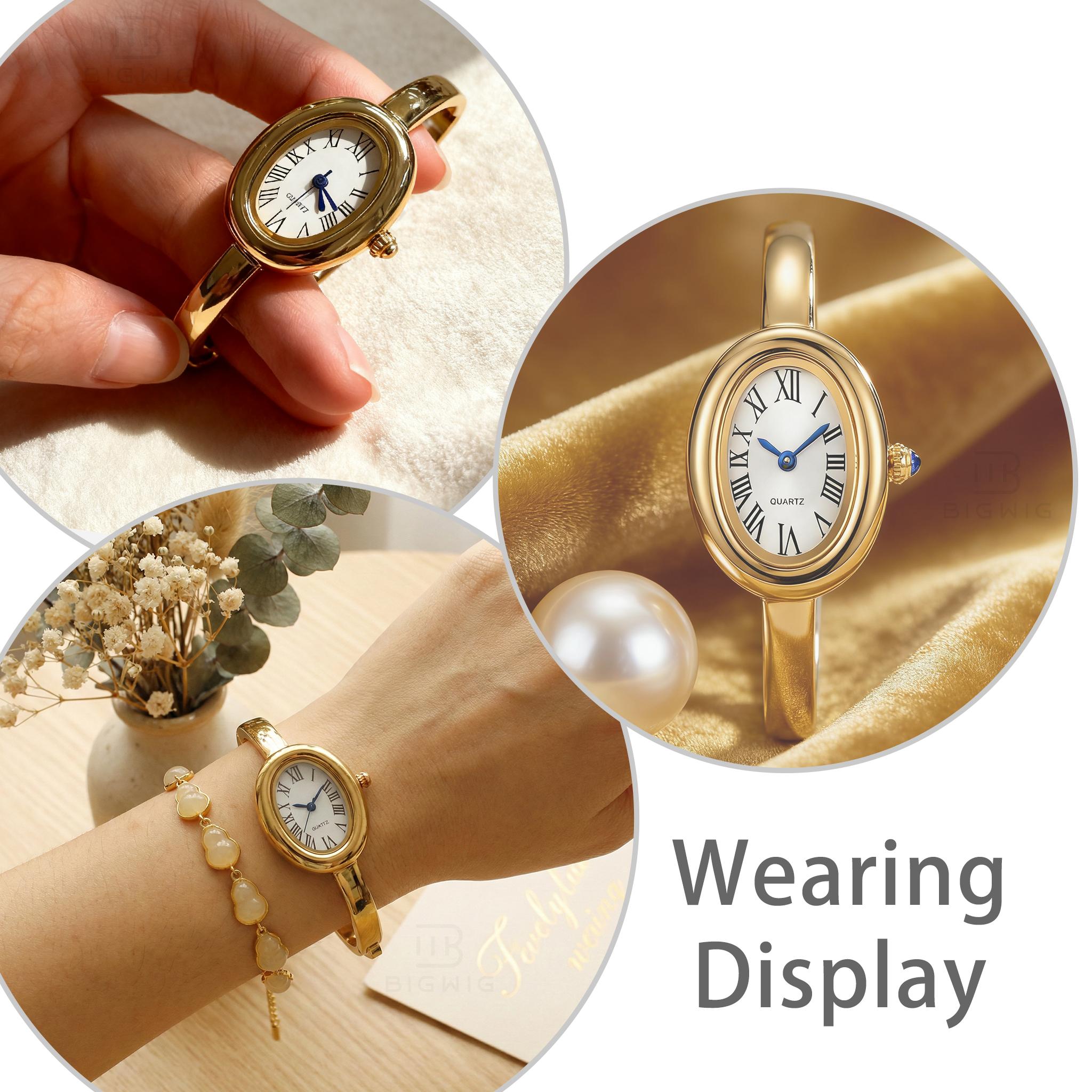 [Mother's Day Gift] Dainty Gold Cuff Watch - Elegant Oval Dial Quartz Watch For Women Waterproof - Retro Style Fashion Bracelet Wristwatch Birthday Gift For Her