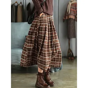 Vintage Plaid Loose A-line Skirt with Inner Lining for Opacity, Casual and Versatile