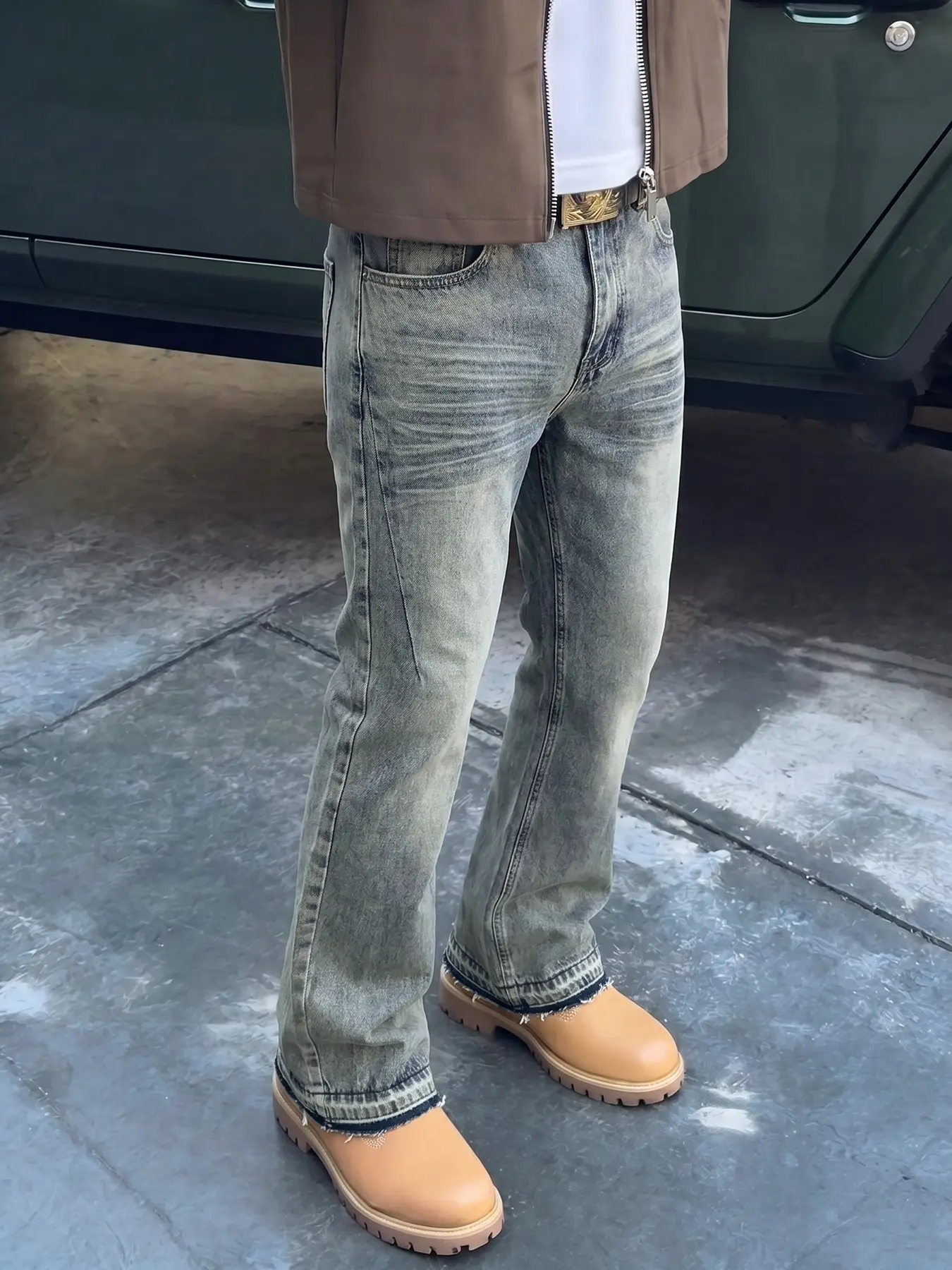 Men's High Street Streetwear Denim Vintage Raw Hem Jeans, Loose Straight Leg Wide Leg Pants, All Seasons Fashion, Plain Pattern