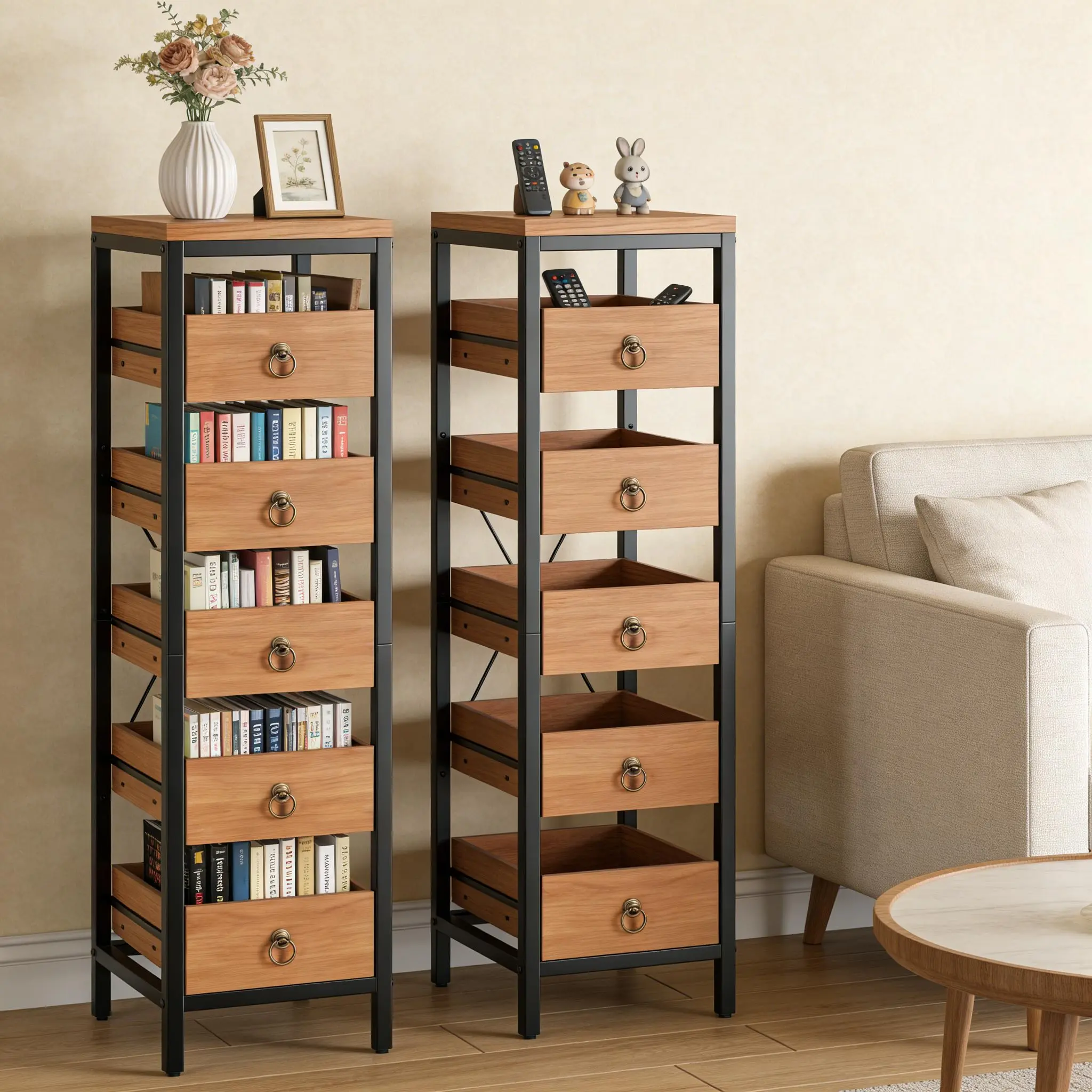 Space-Saving 5-Tier Narrow Wooden Storage Rack – Multi-Purpose Organizer Shelf for Fruit, Vegetables, Snacks, Kitchen, Living Room, Bedroom – Rustic Brown, Walnut, Denim Blue