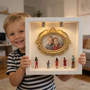 DIY Museum Photo Frame,DIY Picture frame (6.7*6.7*1.58inch)with 1*Mini Frames & 5* Figures,2*Mini LED lights - The Ultimate Personalized Gift for Kids ,Pets(Photo Size2*2inch)