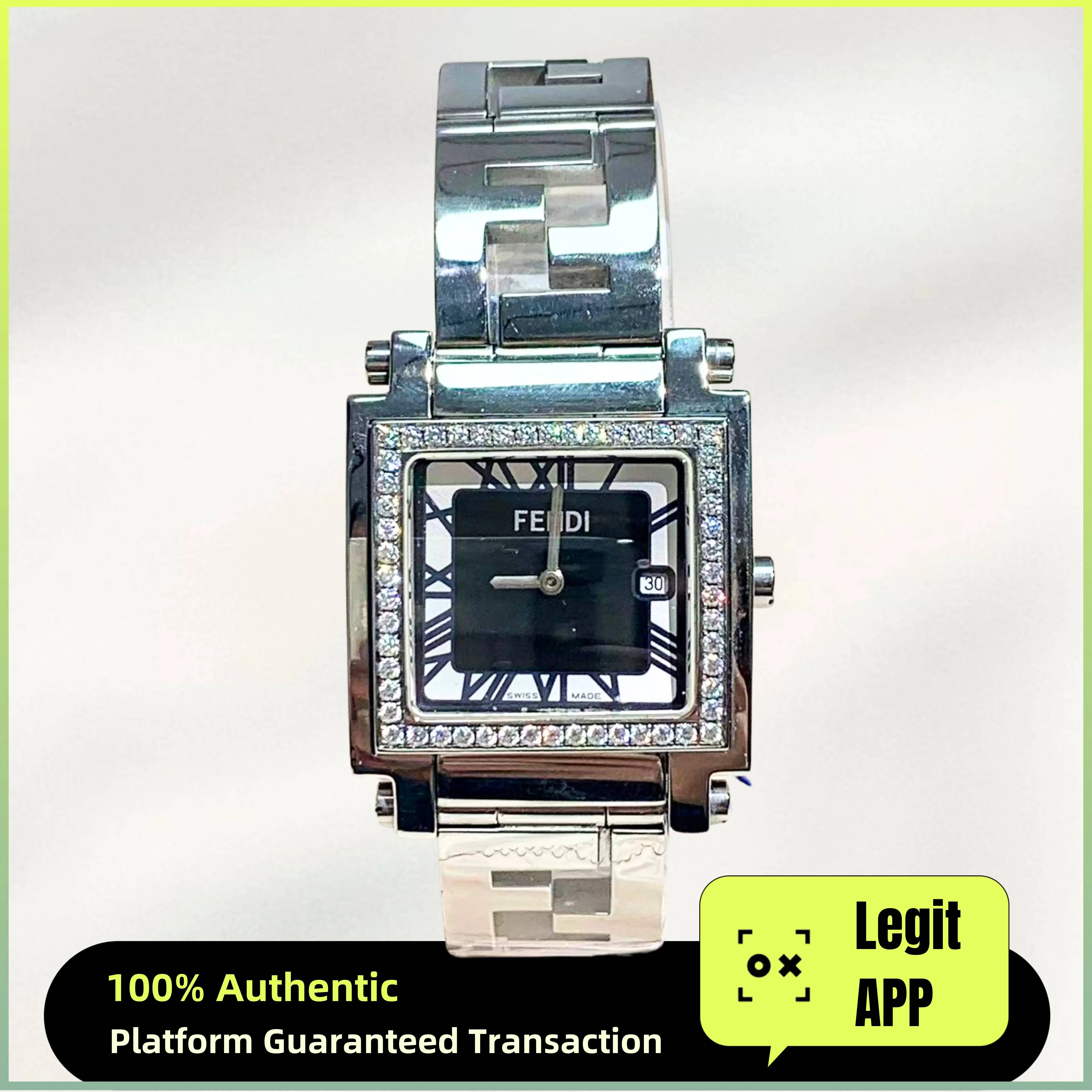Fendi Vintage 27mm Quartz - Silver/Black Dial, Steel Bracelet & Diamond-Set Caseback Ladies Watch 12021885