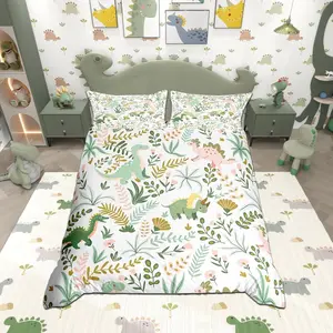 Cute Dino Kids Duvet Cover Set,Kawaii Pink Green Dinosaur Comforter Cover,Cartoon Wildlife Floral Leaves Plant Breathable Bedspread for Boys Teens