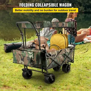 VEVOR Collapsible Folding Wagon with Removable Canopy, Heavy Duty Foldable Wagon Utility Cart for Garden, Camping, Grocery Cart, Beach Wagon Cart with Wheels and Rear Storage, Camouflage