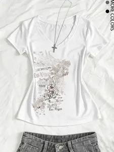 Women's Summer V-Neck Fitted T-Shirt, Vintage Cross Flower Punk Subculture Anime Print, Short Sleeve V-Neck Design, Casual Fashion Top