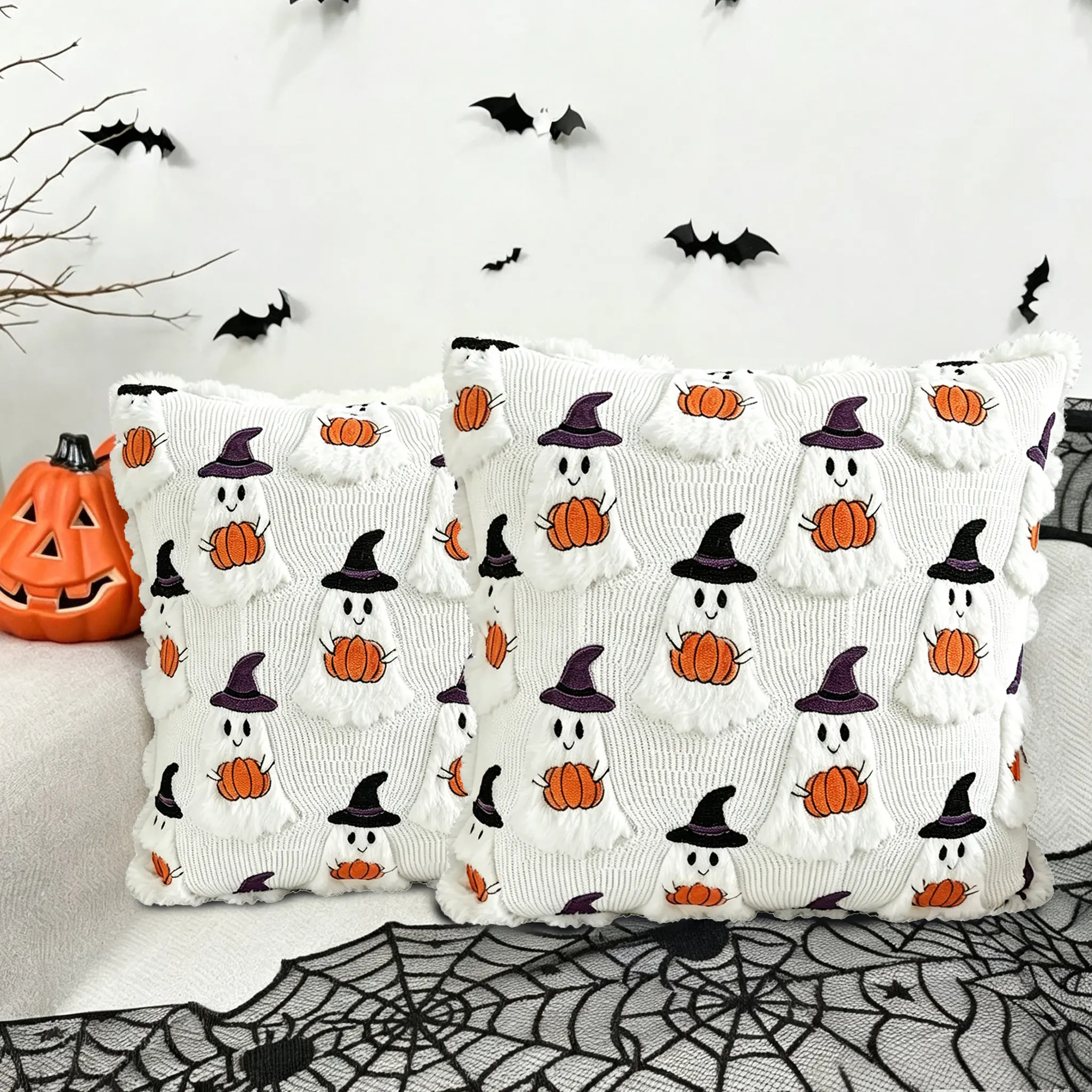 Halloween Throw Pillow Covers Set of 2, 18x18 Soft Fluffy Plush Embroidered Ghost Witch Pumpkin Cushion Covers, Cute Spooky Fall Decorative Pillowcases for Sofa Couch Bedroom Halloween Home Decor, No Inserts