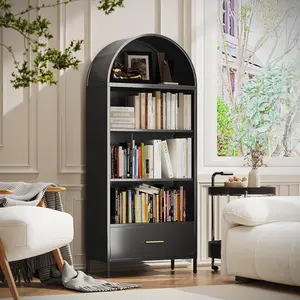 VEXPOR 73" Tall Black Metal Arched Bookshelf Cabinet - 5-Tier Furniture with Drawer, 15.35" D x 30.71" W x 72.83" H, for Living Room & Home Office, Assembly Required, Mother's Day Gift (Shelves Included)