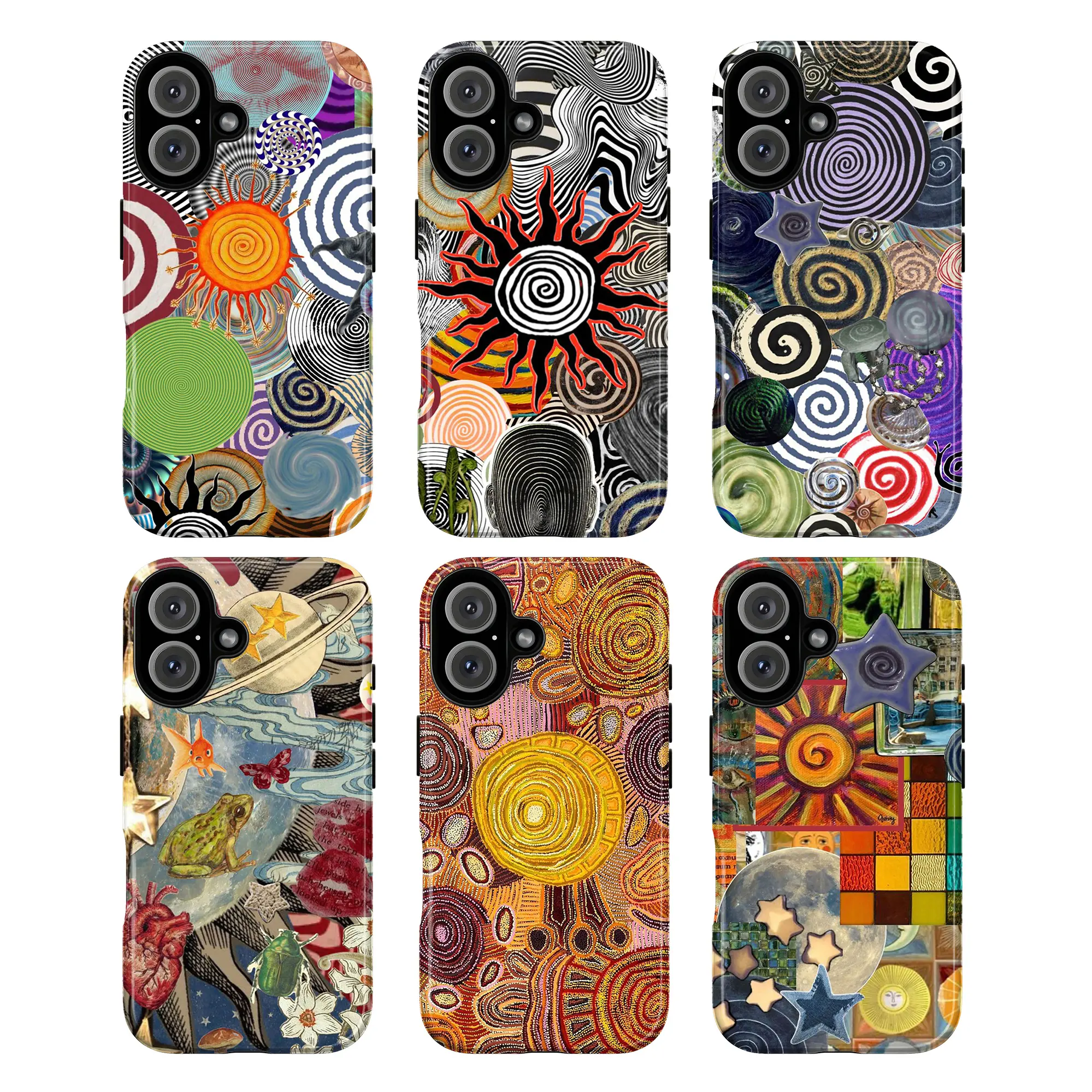 Whimsical Psychedelic Spiral Smartphone Cases - Vibrant Sun, Star, Floral & Nature Collage Designs, Tough TPU Shockproof Covers for Art Lovers, Compatible with iPhone 16,15,14,13,12,11,X,SE Handheld Cellphone Devices Cherry Pattern Soft Phone 17 pro 18