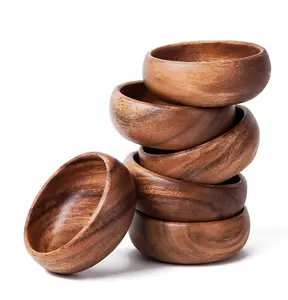 Casa/Legno Set of 6 Acacia Wood Wmall Bowls, 12.5 Cubic Inches, 4" W x 1.5" H - Hand Carved Wooden Kitchen Mini Cups for Dipping Sauce, Salsa, Prep, Salt & Condiments - Snack Bowls Set