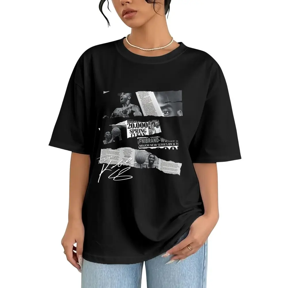 Women's Casual Short-Sleeve Streetwear Baggy Kobe Bryant Vintage Newspaper Collage Oversized Black Basketball Fan T-Shirt
