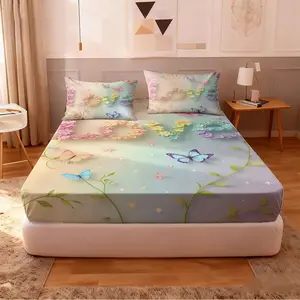 Soft Flannel Bedding Set, Includes Flat Sheet & Two Pillowcases, Love Floral Butterfly Gradient Print, Durable Wrinkle-Resistant