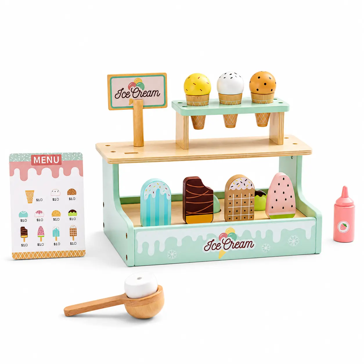 Wooden Ice Cream Shop Play Set for Kids, Pretend Ice Cream Stand with Cones, Scoops & Dessert Accessories, Play Food Toy