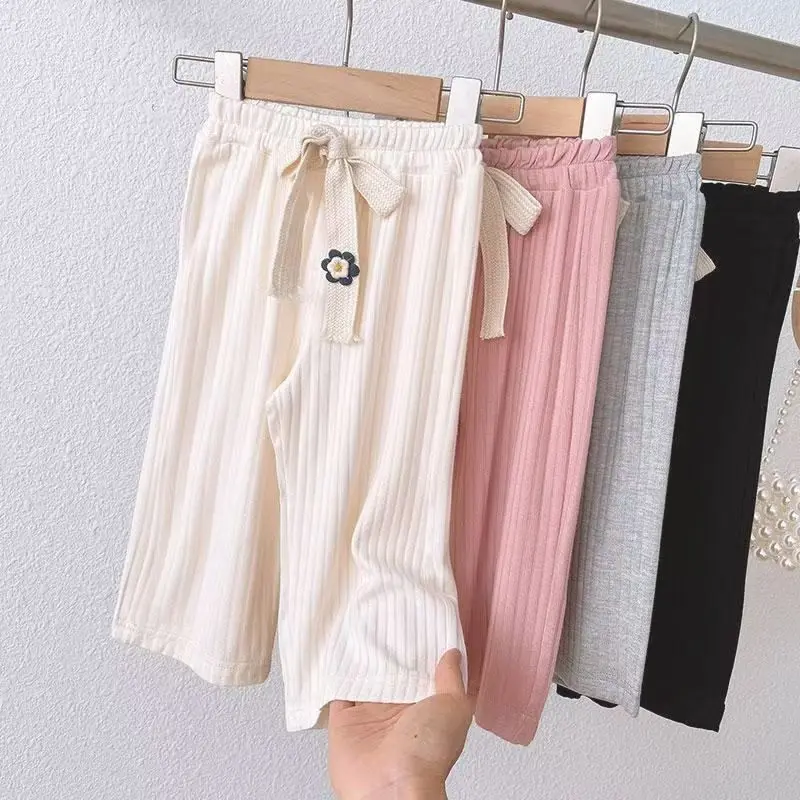 Girls' 4-Pack Wide Leg Pants, Casual Solid Pleated Capris with a Drawstring Elastic Waist, Regular Fit Summer Outfits for Outdoor Wear, Clothes, Drawstring Belt, Polyester Blend, Tie, Solid Colors, 4Pcs, Capri Length, Do Not Dry Clean, Four-Piece