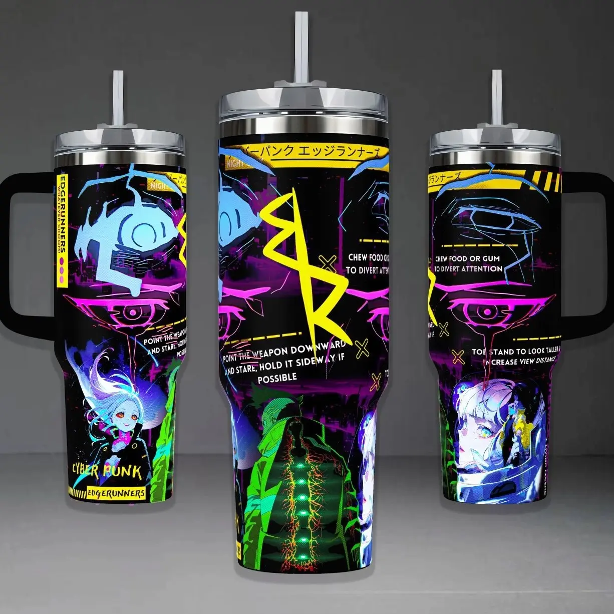 Cyberpunk Edgerunners Graphic Tumbler, David and Lucy Night City 40oz Cup with Handle, Sandevistan Neon 20oz Stainless Steel Travel Mug, Anime Fan Gift, Edgerunners Inspired Insulated Tumbler Featuring Epic Glitch Art Design.
