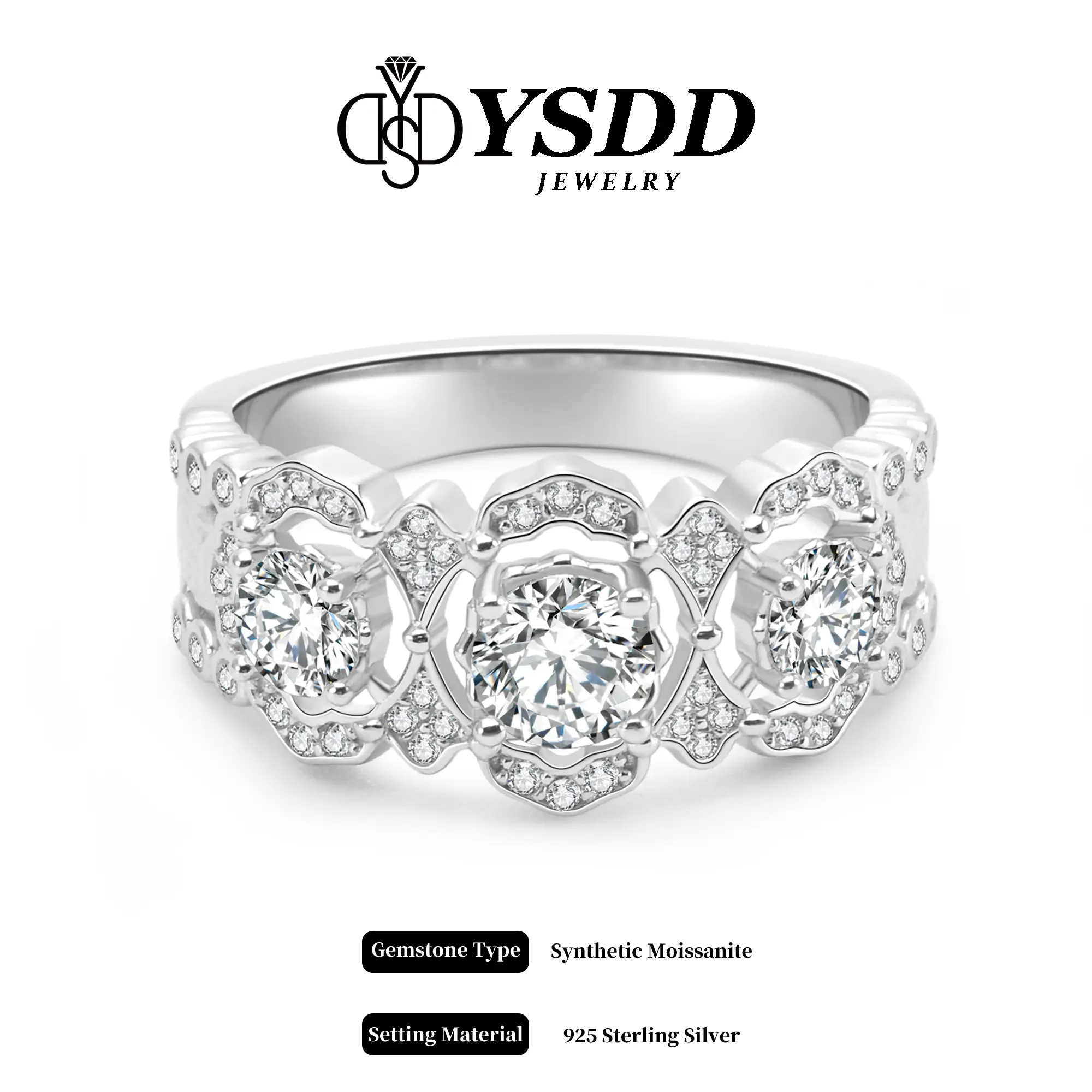 【#235 Florence】Art Deco Three-stone Synthetic Moissanite Ring S925 1.1Carat