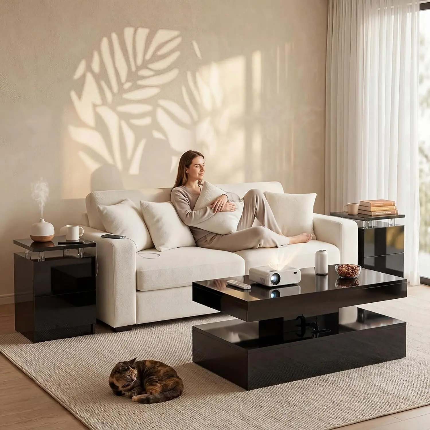 Jolydale 3-Piece Modern Living Room Set with LED Lighting, Coffee Table & 2 End Side Tables with Storage Drawers for Storage Organization