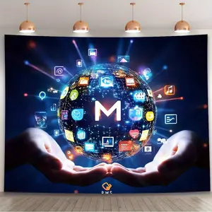Digital Connectivity Themed Backdrop (1PC) - Glowing Globe & Hands Design, Durable Vibrant Polyester Banner, Perfect for Anniversaries/Events & Connected Tech Decor Setups