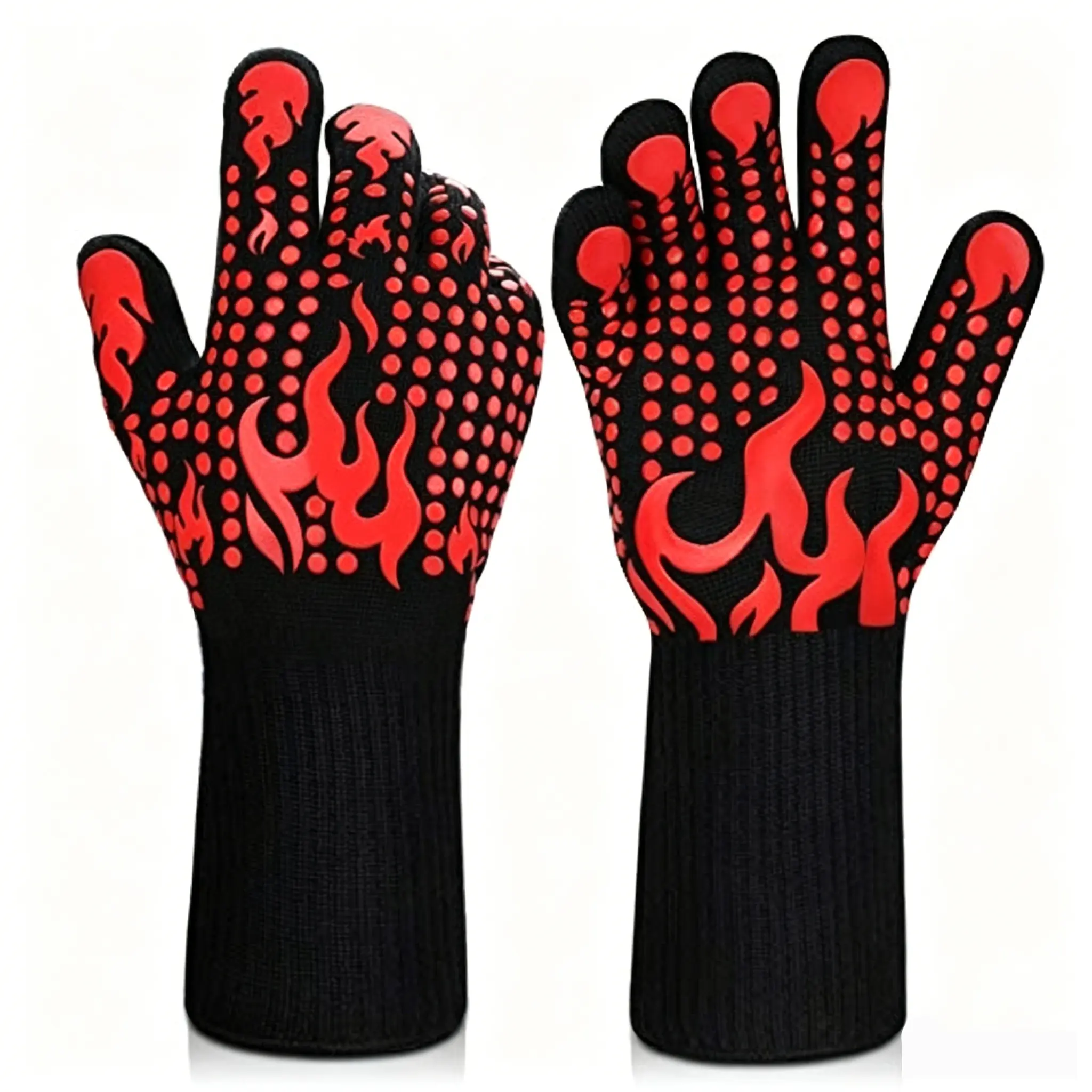 BBQ Gloves, 1472 Degree F Heat Resistant Grilling Gloves Silicone Non-Slip Oven Gloves Long Kitchen Gloves for Barbecue, Cooking, Baking, Cutting