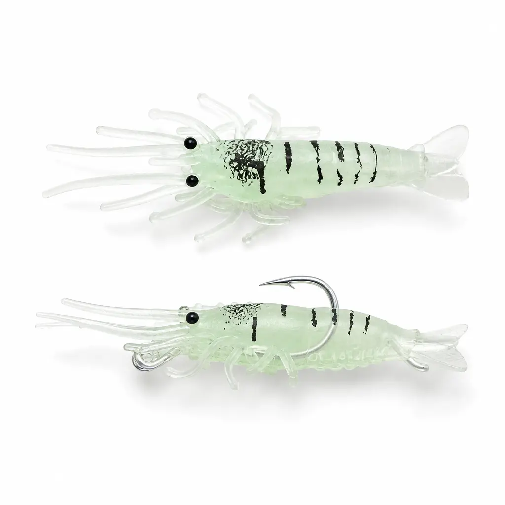 30pcs Realistic Shrimp Soft Lures 1.5in Soft Bait for Freshwater & Saltwater Fishing, 4cm Soft TPR Luminous Shrimp Bait with High Carbon Steel Hooks and 5-Compartment Tackle Box for Night Fishing Micro Finesse