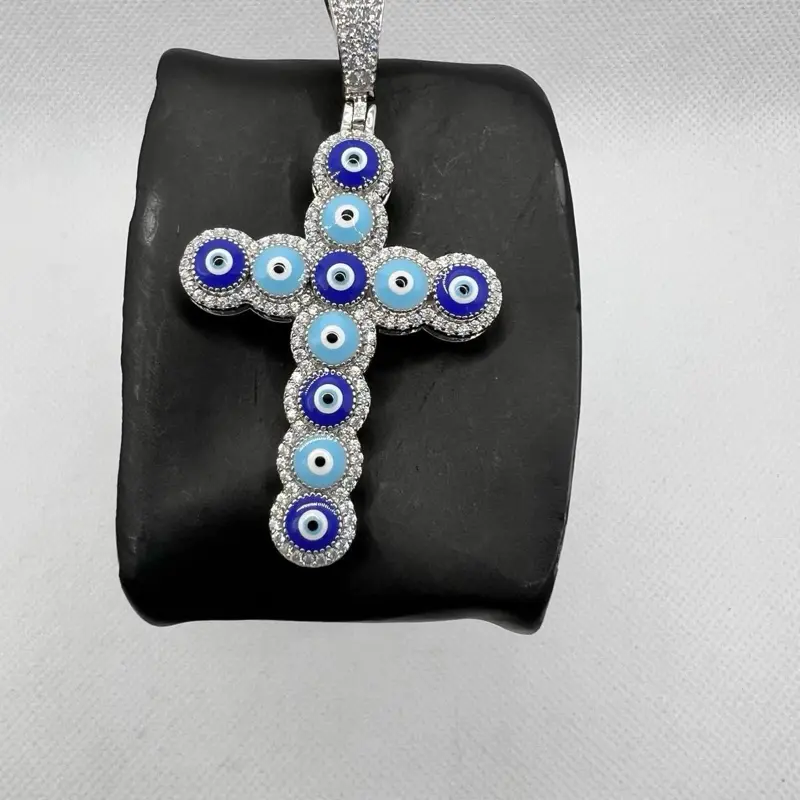 Unisex Handmade 925 Sterling Silver/Gold-Plated Cross Pendant, Turkish Evil Eye Motifs, Cubic Zirconia Inlay, Metallic Chain Included, Female-Friendly Jewelry Accessory for Protection