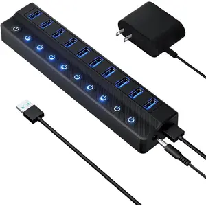 USB Hub 3.0, 10-Port USB Splitter Hub with Individual On/Off Switches and 12V/2A Power Adapter USB Extension
