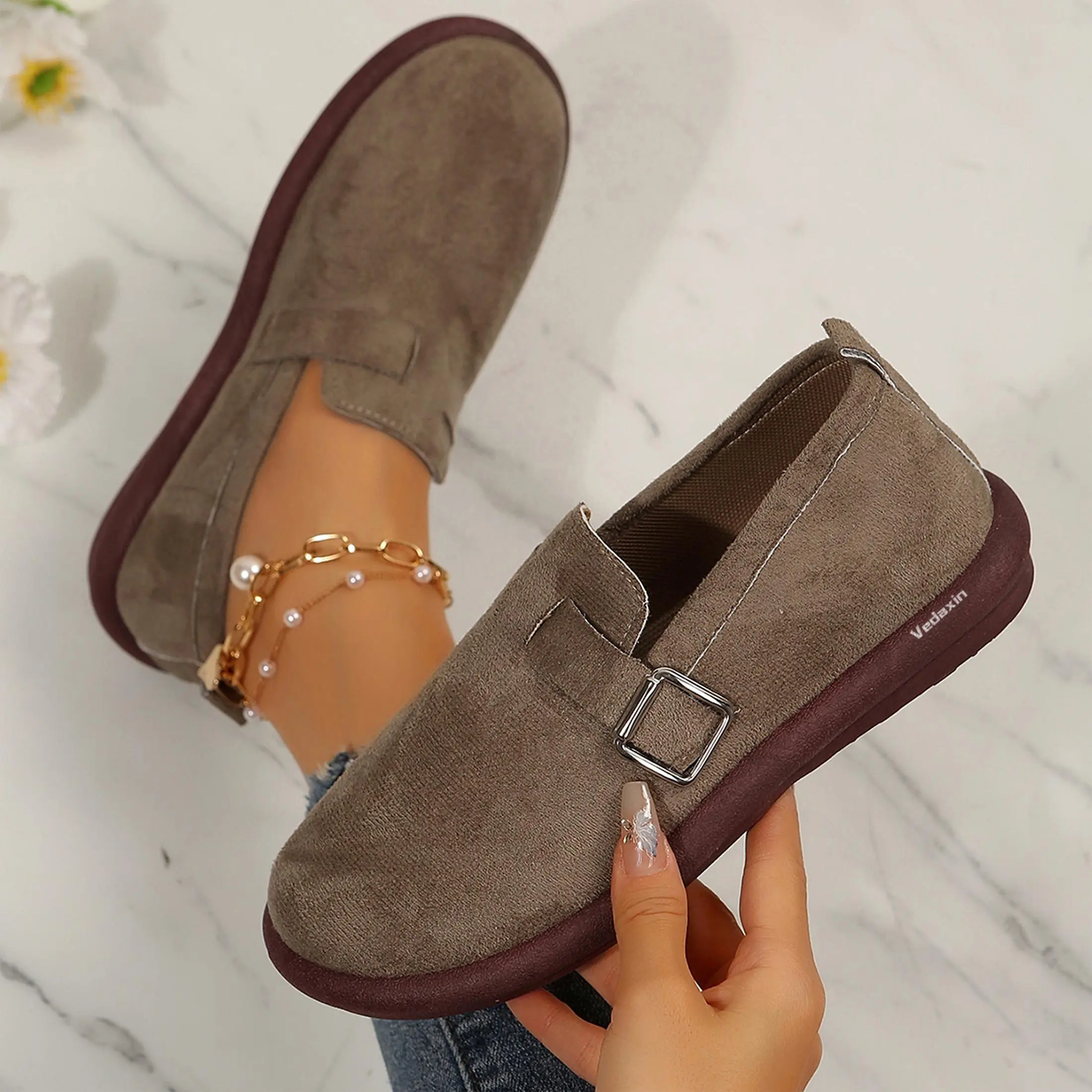 Women's Retro Suede Buckle Mules Comfortable Slip-On Shoes with Thick Sole for All-Day Wear