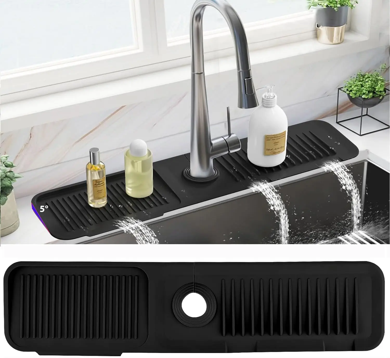 Kitchen Sink Splash Guard, 24inche Faucet Mat Splash Catcher, Handle Drip Catcher Tray, Multipurpose for Kitchen Dish Drying Mats Sponge Holder and Ba